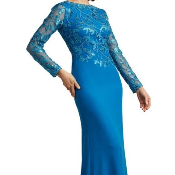 Tadashi Shoji Dresses & Skirts - Tadashi Shoji Deep Ocean Blue Sequin Lace Long Sleeve Crepe Gown